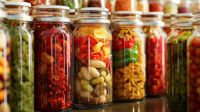 Pickling food stored, Canned fermented vegetables, Assorted veggies carrots, corn, green beans, peas and mixed vegetables, Home canning fruit and vegetable food preserves	
