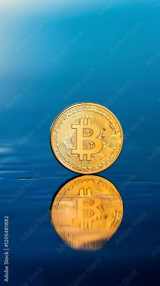 Poster golden bitcoin standing on a reflective blue surface. creating a mirror image. symbolizes the exciti