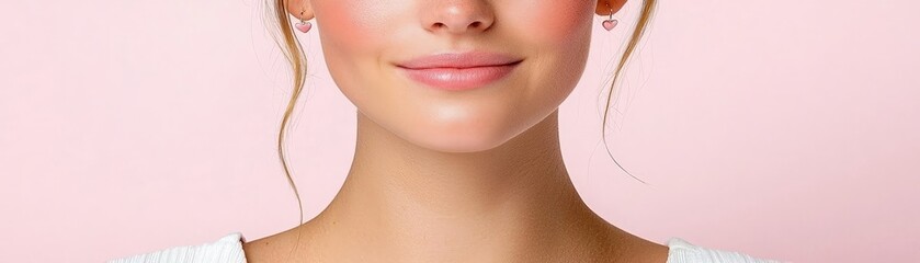 Obraz premium Elegant Portrait of a Smiling Young Woman with Natural Makeup Against Soft Pink Background