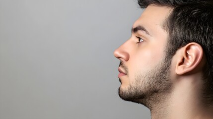 Naklejka premium Profile View of Man with Enlarged Thyroid Gland in Neutral Background