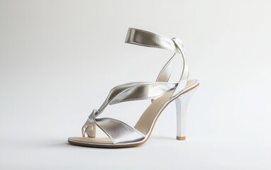 Elegant open-toe silver strappy sandals with a delicate heel on a pure white backdrop