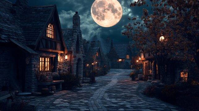 Enchanting moonlit village street with cobblestone path and warmly lit cottages under a full moon