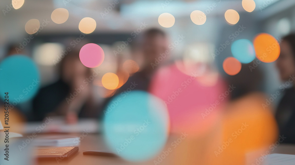 Poster creative brainstorming session with colorful bokeh lights in background, showcasing collaborative at