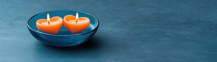 Heart Shaped Orange Candles in Blue Bowl on Elegant Dark Surface for Romantic Atmosphere