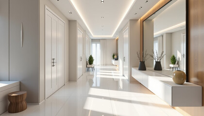 Minimalist Luxury Hallway in White and Beige Tones Radiating Serenity. AI Generation
