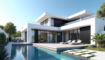 Fototapeta premium Contemporary White Villa with Infinity Pool in Mediterranean Style. AI Generation