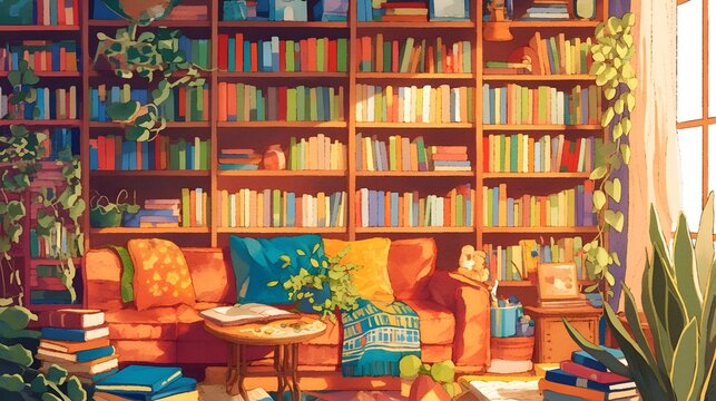 A colorful arrangement of books on a shelf, adding vibrancy and character to a cozy reading space