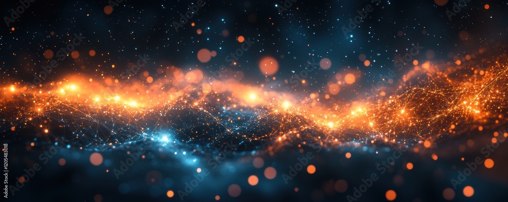 Poster abstract digital landscape with glowing interconnected lines and particles