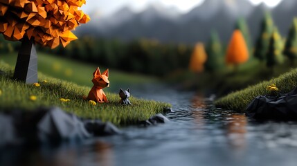 Low Poly Fox and Cat by the River in Autumn