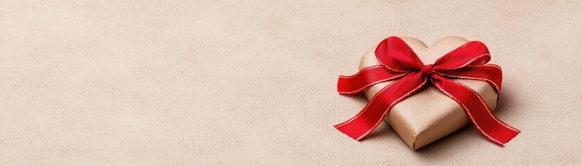 Heart-Shaped Gift Box with Red Ribbon on Beige Background for Valentine's Day or Special Occasion