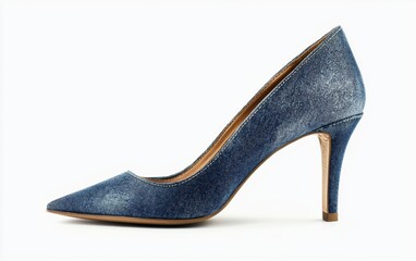 Obraz premium Denim high-heeled shoe with a pointed toe and glossy finish on a clean white background