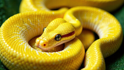 Fototapeta premium Close-up soft focus yellow snake with blue eyes and red strip on a green leaf