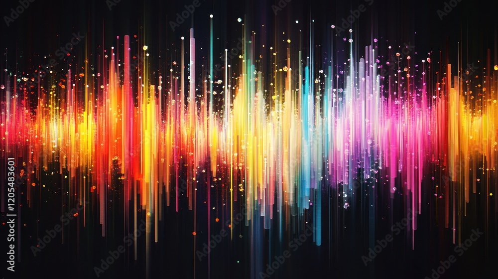 Poster dynamic abstract design with vibrant streaks, creating a modern and colorful visual effect on dark b
