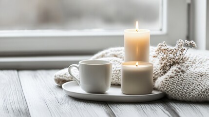 Cozy Winter Hygge Scene, Candles, Coffee, Knit Sweater
