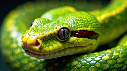 Fototapeta premium Close-up soft focus yellow and green snake with blue eyes 