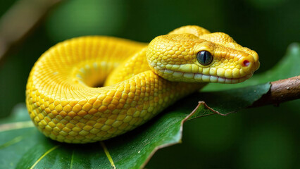 Fototapeta premium Close-up yellow snake with blue eyes on a green leaf of a tree