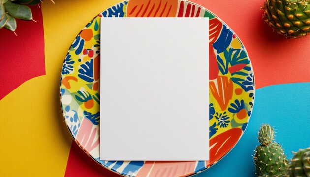 Stylish Menu Mockup Displayed on a Vibrant and Colorful Plate Ideal for Restaurant Promotions or Event Showcases