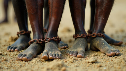 close-up of black African American people's legs in iron chains, Black History Month concept