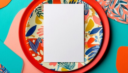 Obraz premium Vibrant and Colorful Plate with Blank Menu Mockup Ideal for Restaurant Presentations and Creative Branding Opportunities