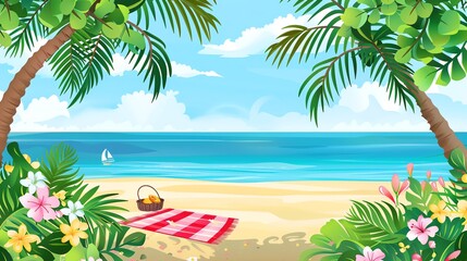 Fototapeta premium A tropical beach scene with palm trees, a picnic blanket, and a sailboat in the distance.