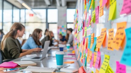 A group of people are working on a whiteboard with colorful sticky notes