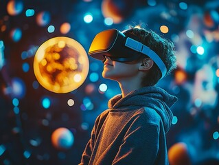 Young boy exploring planets and universe using virtual reality headset