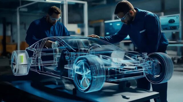 Professional automotive engineers working on an augmented reality 3D prototype of an electric vehicle chassis. Automotive innovation facility. Future smart auto AI