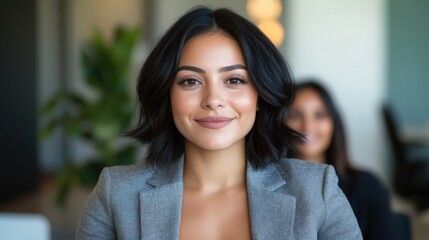 Obraz premium A woman with short hair and a gray jacket is smiling