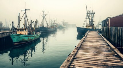 Obraz premium Foggy Harbor Scene with Fishing Boats and Wooden Pier Reflecting in Still Water at Dawn