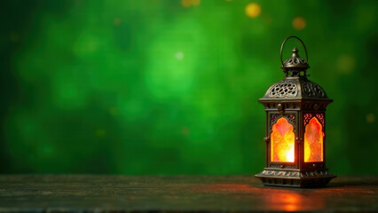 close-up soft focus of a Muslim lantern in warm colors on a blurred green background