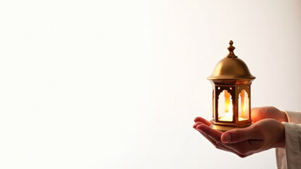 close up soft focus of hands holding muslim lantern on white background, ramadan concept