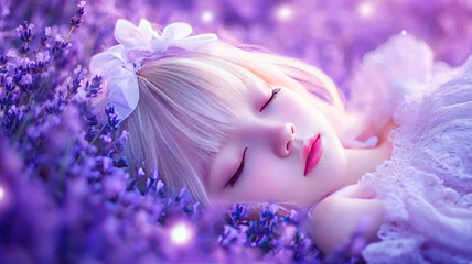 Stickers Ziekenhuis serene girl sleeping peacefully in lavender field with soft glowing lights  © Unclutter Aesthetics