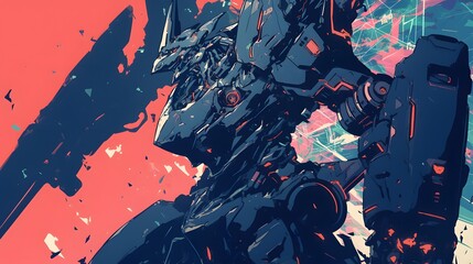 A futuristic anime mech robot character in a sleek, high-tech manga-inspired wallpaper design