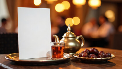 Close-up white card mockup with space for menu text stands on the table, next to teapot, mug of tea and dates, cafe or restaurant on blurred background, Iftar Ramadan concept 