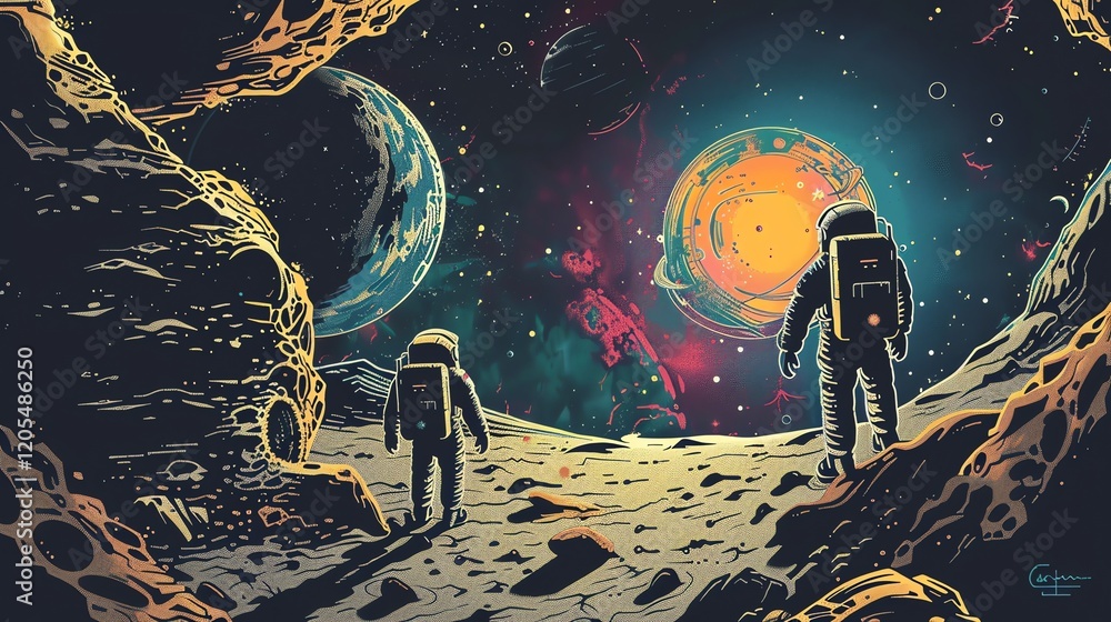 Poster an illustration of two astronauts walking on a planet with a colorful nebula in the background.
