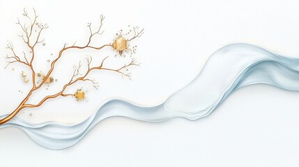 Elegant Abstract Art with Flowing Lines, Tree Branches, and Soft Gold Elements on White Background