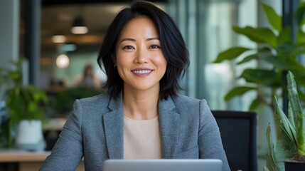 A woman is sitting at a desk with a laptop in front of her