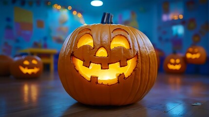 A pumpkin with a smiley face on it is the center of attention in a room full of 