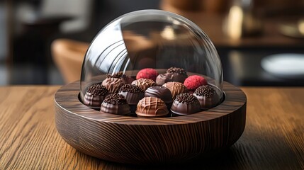 A wooden bowl filled with assorted chocolates