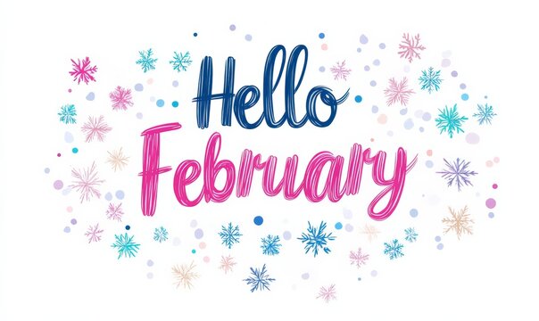 Hello ferbruary - watercolor lettering calligraphy text on background with snowflakes decorations , winter time, holidays illustration
