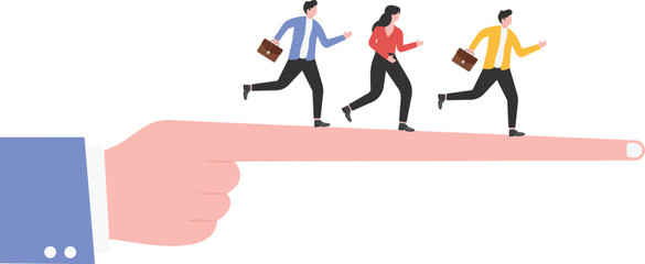 Huge finger guides the businessman to run
