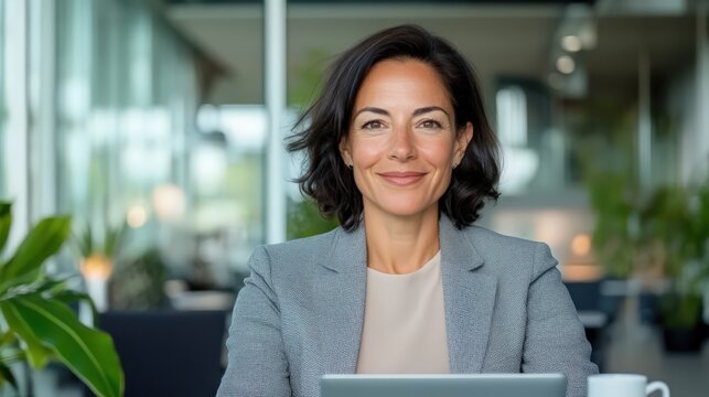 A woman is sitting at a table with a tablet and a cup
