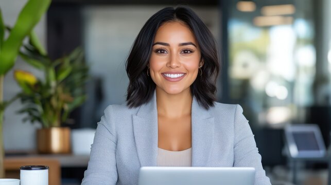 A woman is sitting at a desk with a laptop and a cup