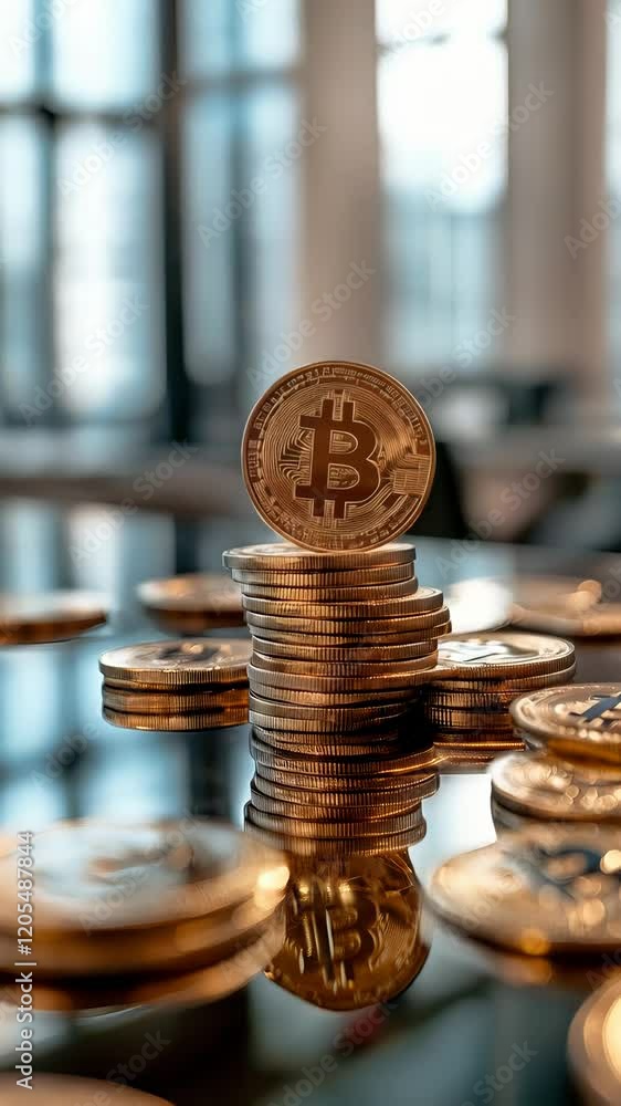 Aufkleber golden bitcoin standing on a stack of coins with other scattered coins on a reflective surface. repr