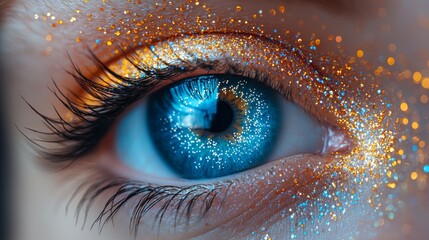 Close-up of a vibrant blue eye with glitter accents