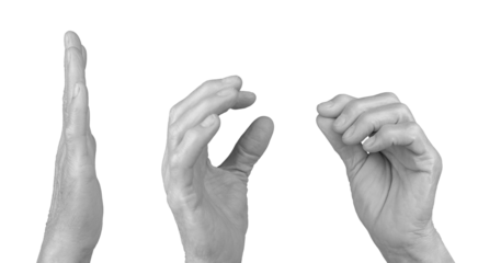 Elderly woman's hand held up in a grasping pose, wrinkled skin, curled fingers and thumb, expressive gesture as if pinching or catching something invisible. Isolated on white background.