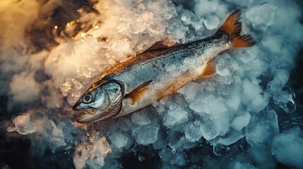 A fish is laying on top of a pile of ice