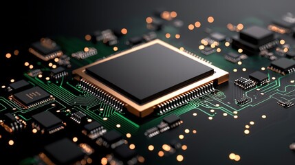 Close-up of a Computer Processor on a Circuit Board with Glowing Electronic Components
