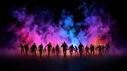 Fototapeta premium Silhouettes of Soldiers Against Colorful Smoke Background in a Dramatic Night Scene