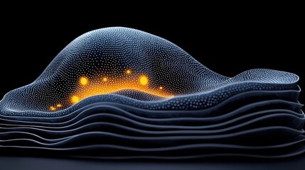 Abstract Waves with Glowing Dots and Light Effects in Dark Background